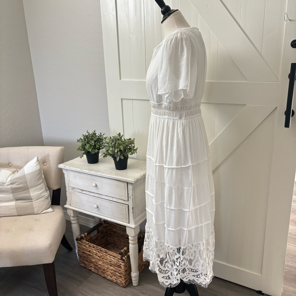White Maxi Dress Size L Cottagecore Beach Wedding Minimalist Lace Fairycore - Picture 3 of 15